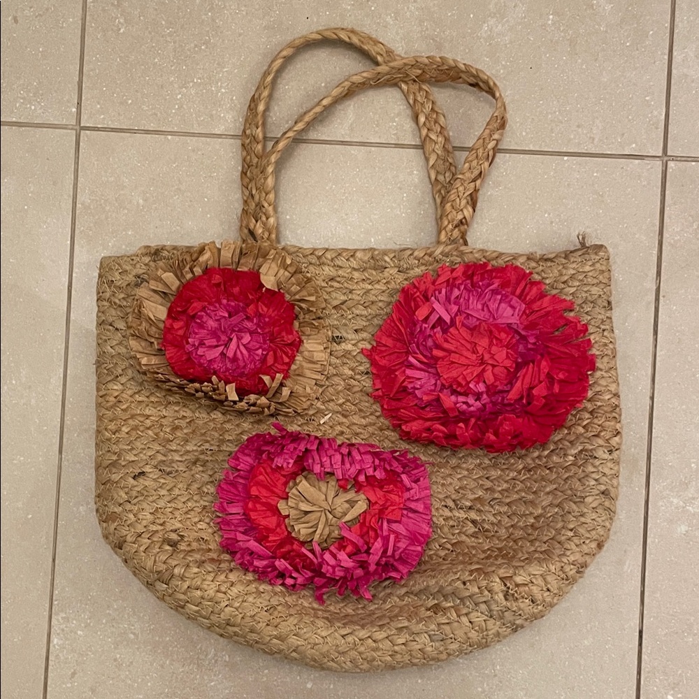 Handcrafted Straw Tote with Pink Floral Accents
